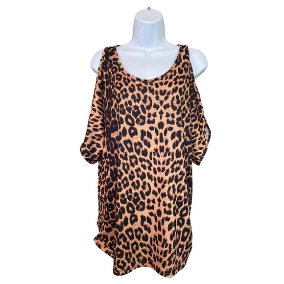 Womens Tunic Top L Brown Black Cold Shoulder Leopard Print Mob Wife Y2K - Picture 1 of 7